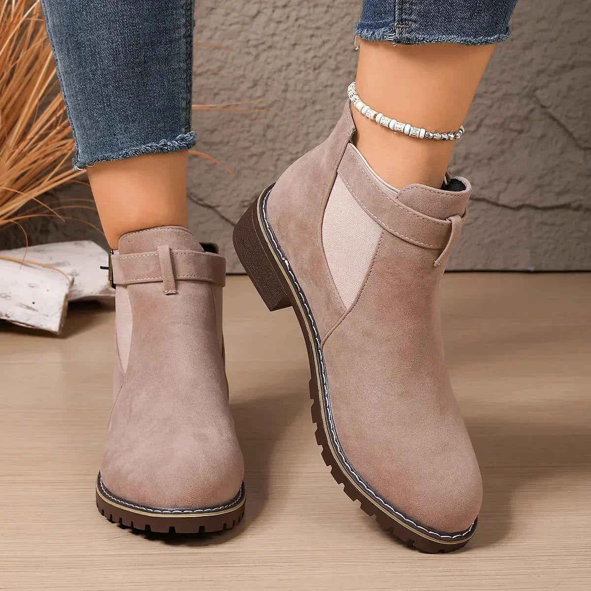 Women's Stylish Buckle Ankle Boots Pink