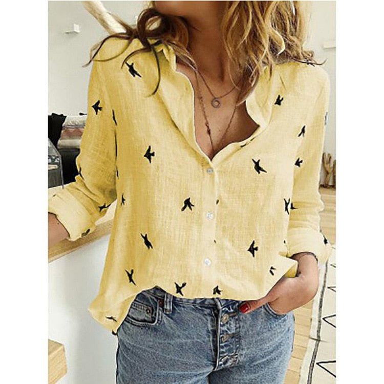 Womens Stylish Fashion Blouse Yellow with Birds