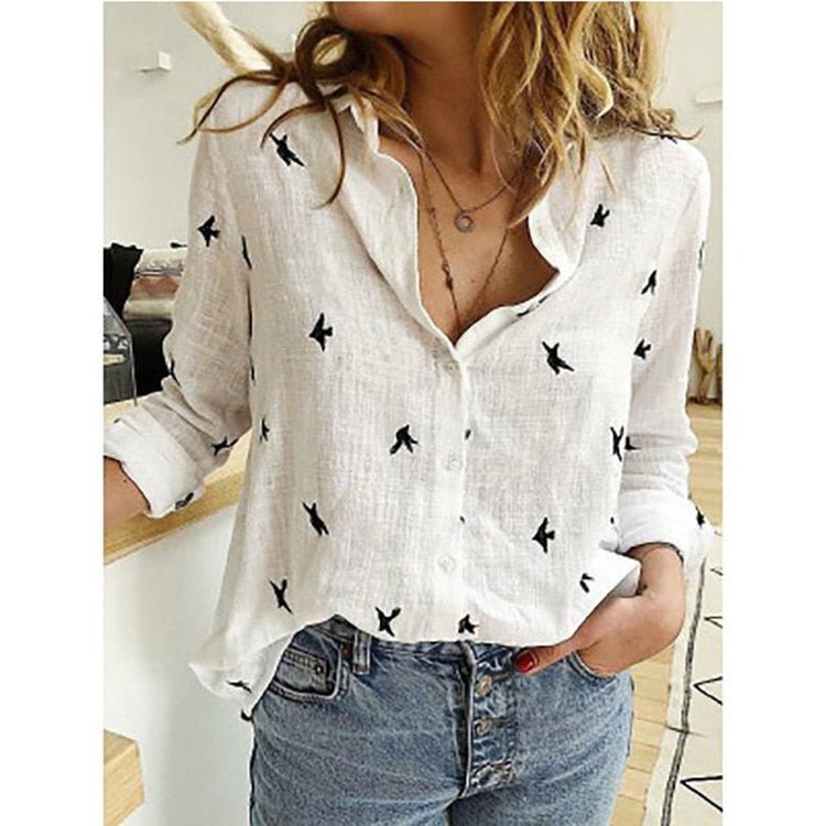Womens Stylish Fashion Blouse White with Birds