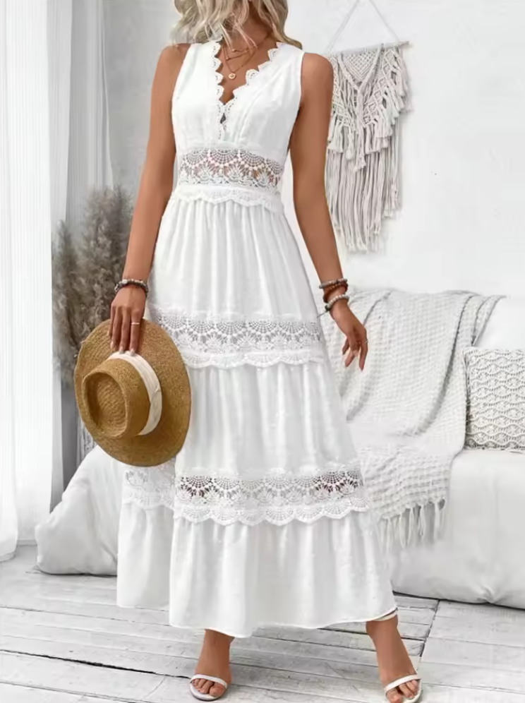 Women's White Lace Maxi Dress-MODAUTLET