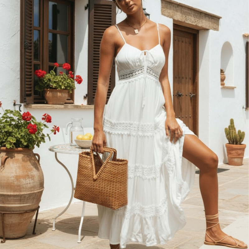 Women's White Spaghetti Strap Dress-MODAUTLET