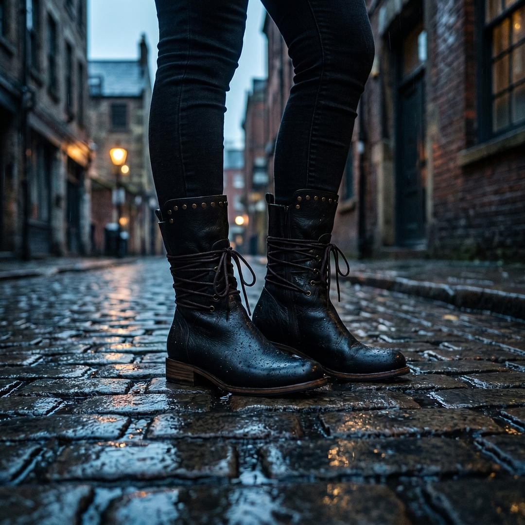 Botas de mujer con cordones, hasta media pantorrilla y con tachuelas