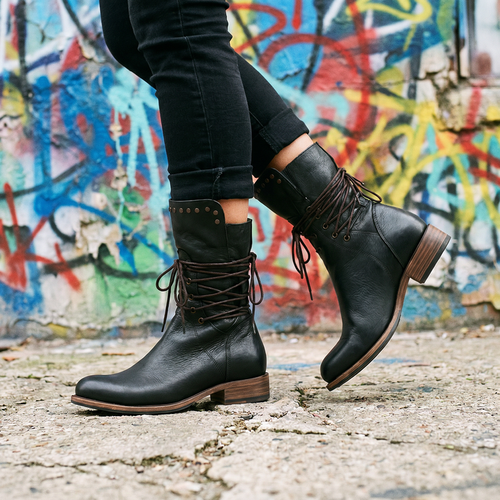 Botas de mujer con cordones, hasta media pantorrilla y con tachuelas