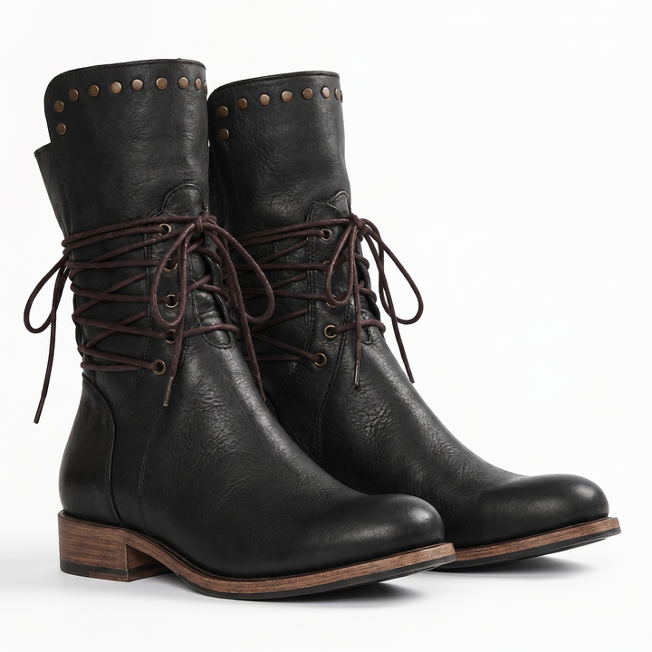 Botas de mujer con cordones, hasta media pantorrilla y con tachuelas