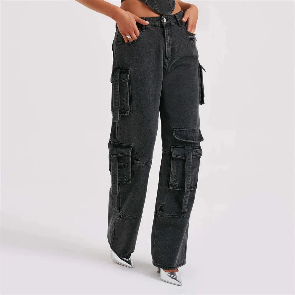 Women's Low Rise Distressed Utility Cargo Jeans