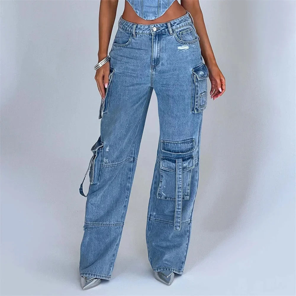 Women's Low Rise Distressed Utility Cargo Jeans