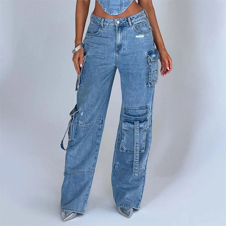 Women's Low Rise Distressed Utility Cargo Jeans