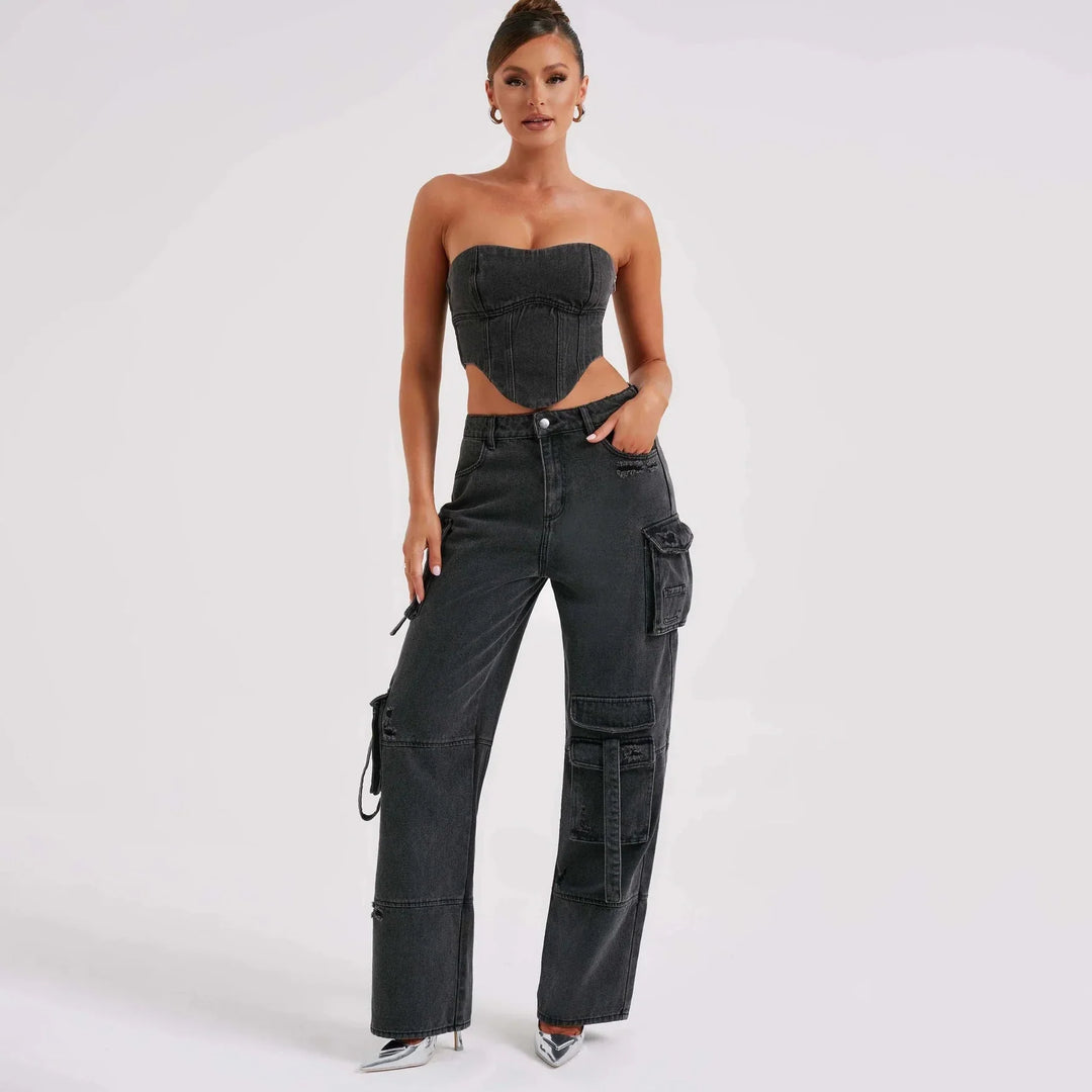 Women's Low Rise Distressed Utility Cargo Jeans