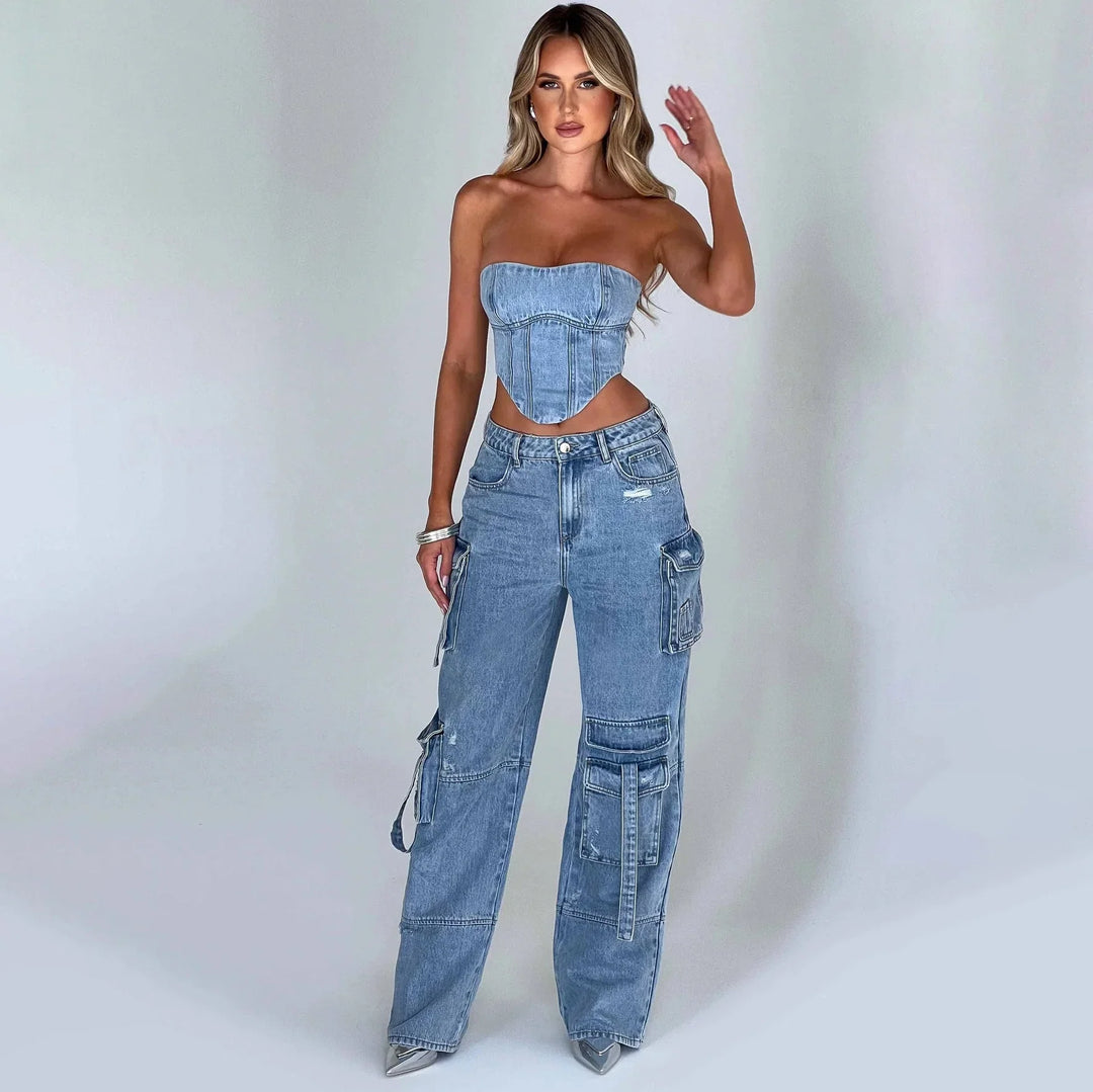 Women's Low Rise Distressed Utility Cargo Jeans