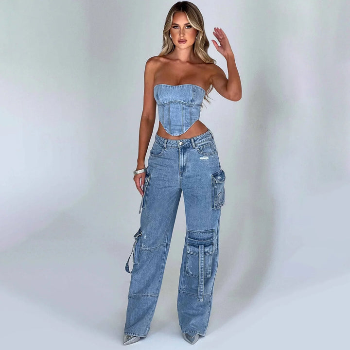 Women's Low Rise Distressed Utility Cargo Jeans