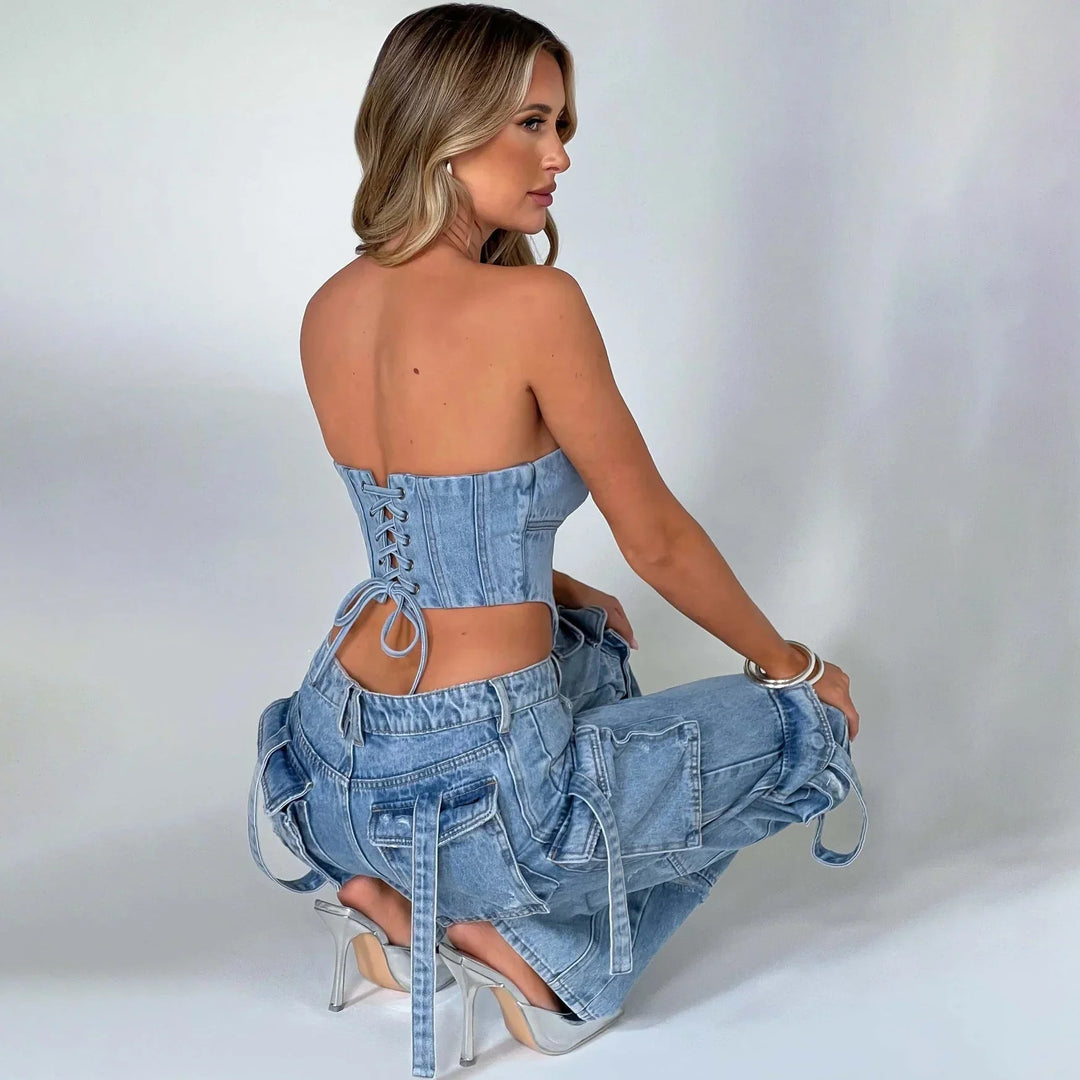 Women's Low Rise Distressed Utility Cargo Jeans