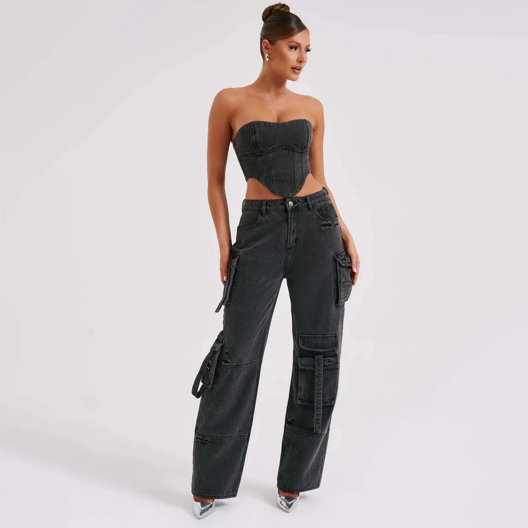 Women's Low Rise Distressed Utility Cargo Jeans