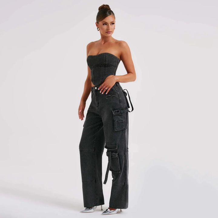 Women's Low Rise Distressed Utility Cargo Jeans
