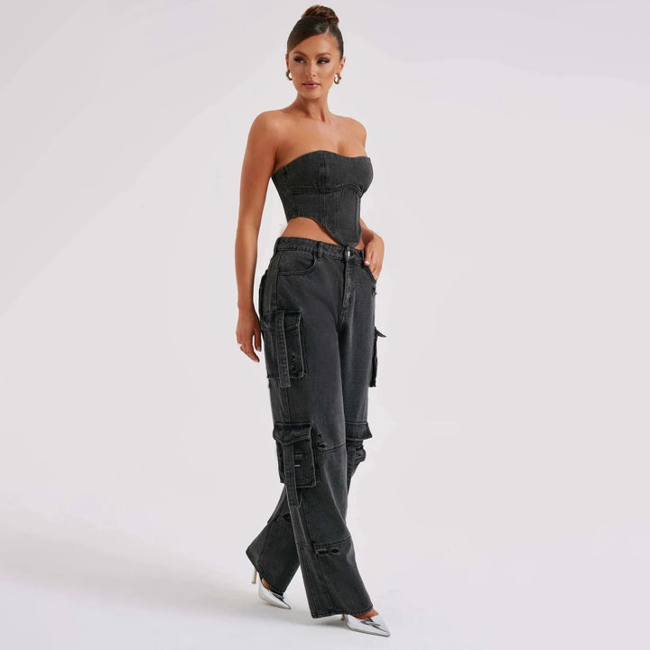 Women's Low Rise Distressed Utility Cargo Jeans