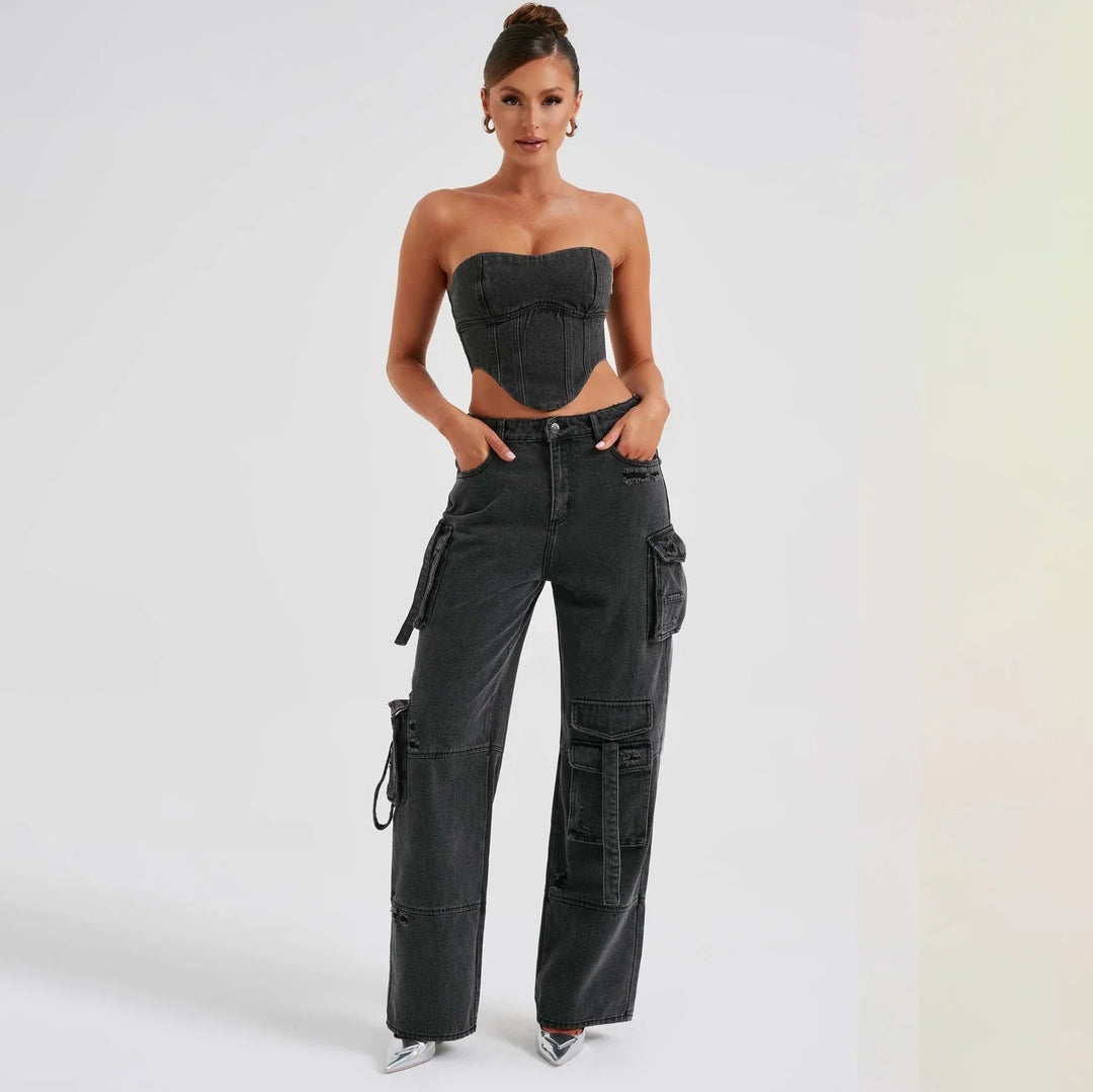 Women's Low Rise Distressed Utility Cargo Jeans