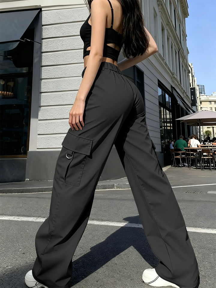 Damen-Cargohose mit hoher Taille, weitem Bein und elastischem Bund
