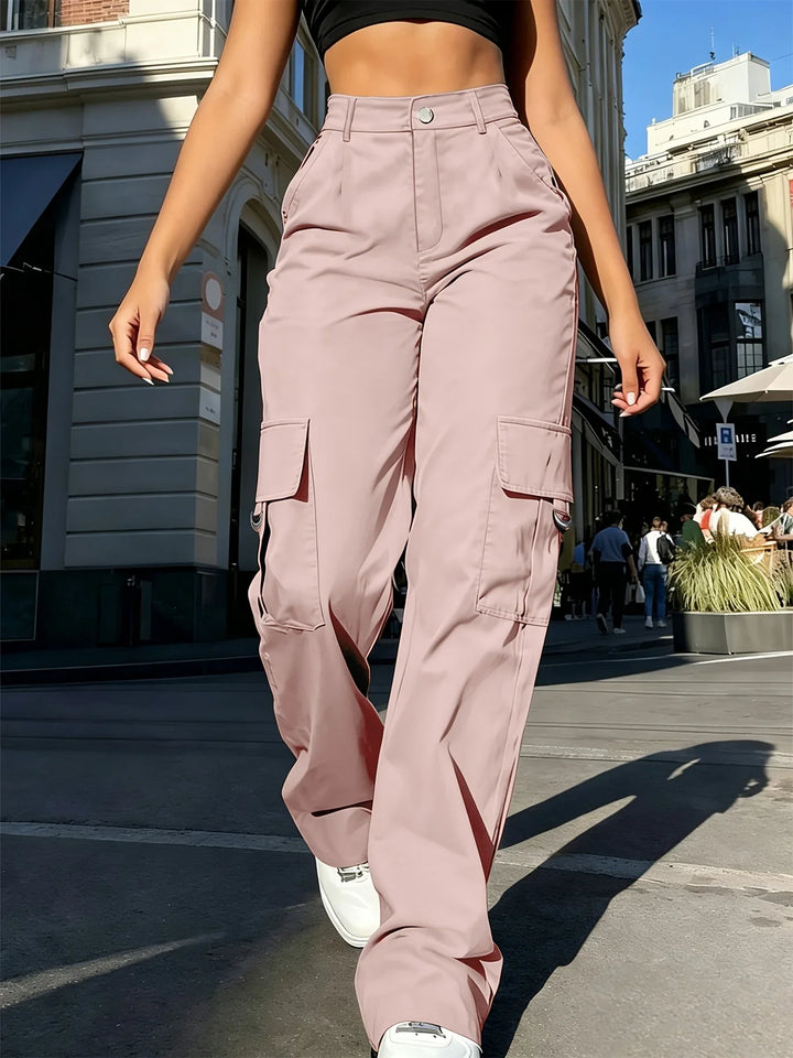 Damen-Cargohose mit hoher Taille, weitem Bein und elastischem Bund