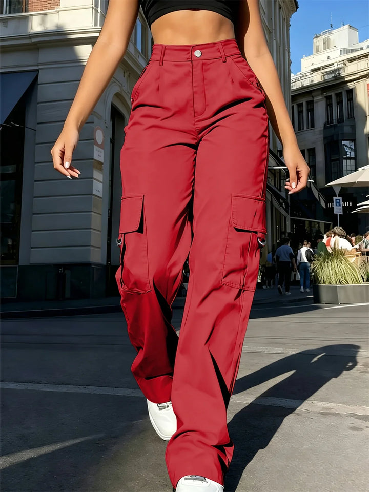Damen-Cargohose mit hoher Taille, weitem Bein und elastischem Bund
