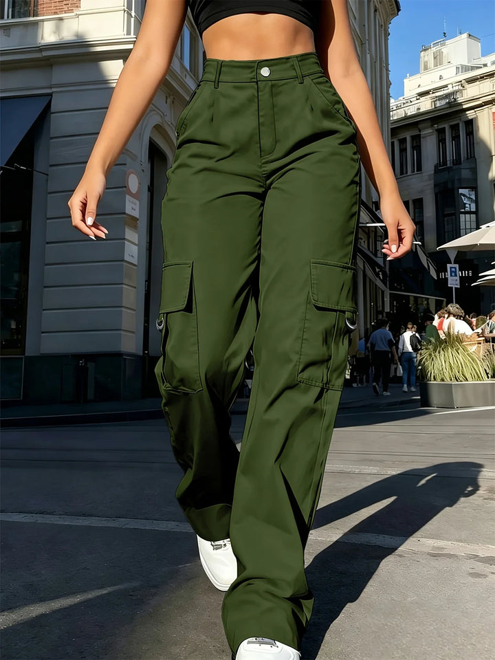 Damen-Cargohose mit hoher Taille, weitem Bein und elastischem Bund