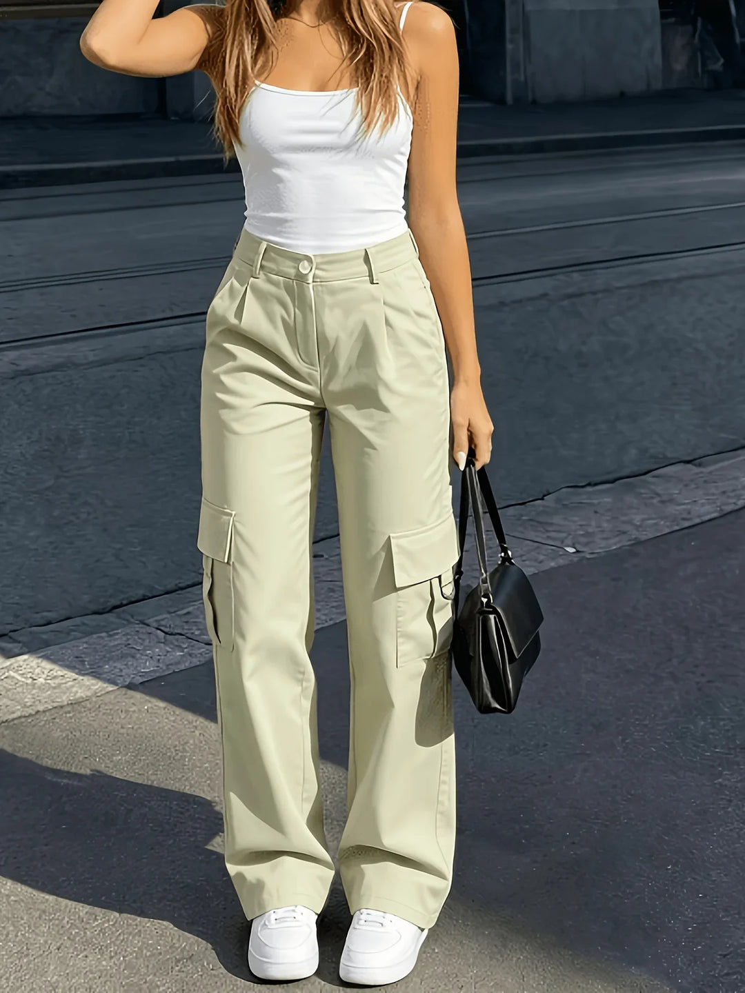 Damen-Cargohose mit hoher Taille, weitem Bein und elastischem Bund
