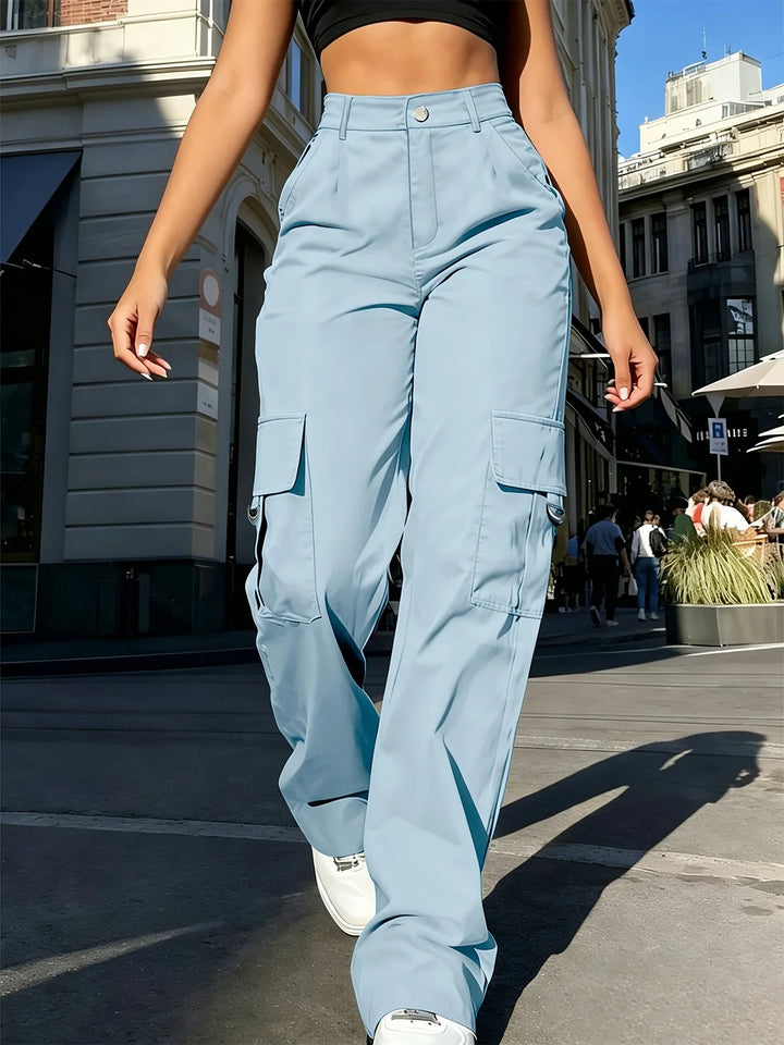 Damen-Cargohose mit hoher Taille, weitem Bein und elastischem Bund