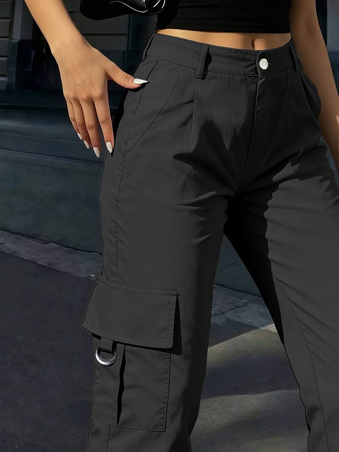 Damen-Cargohose mit hoher Taille, weitem Bein und elastischem Bund