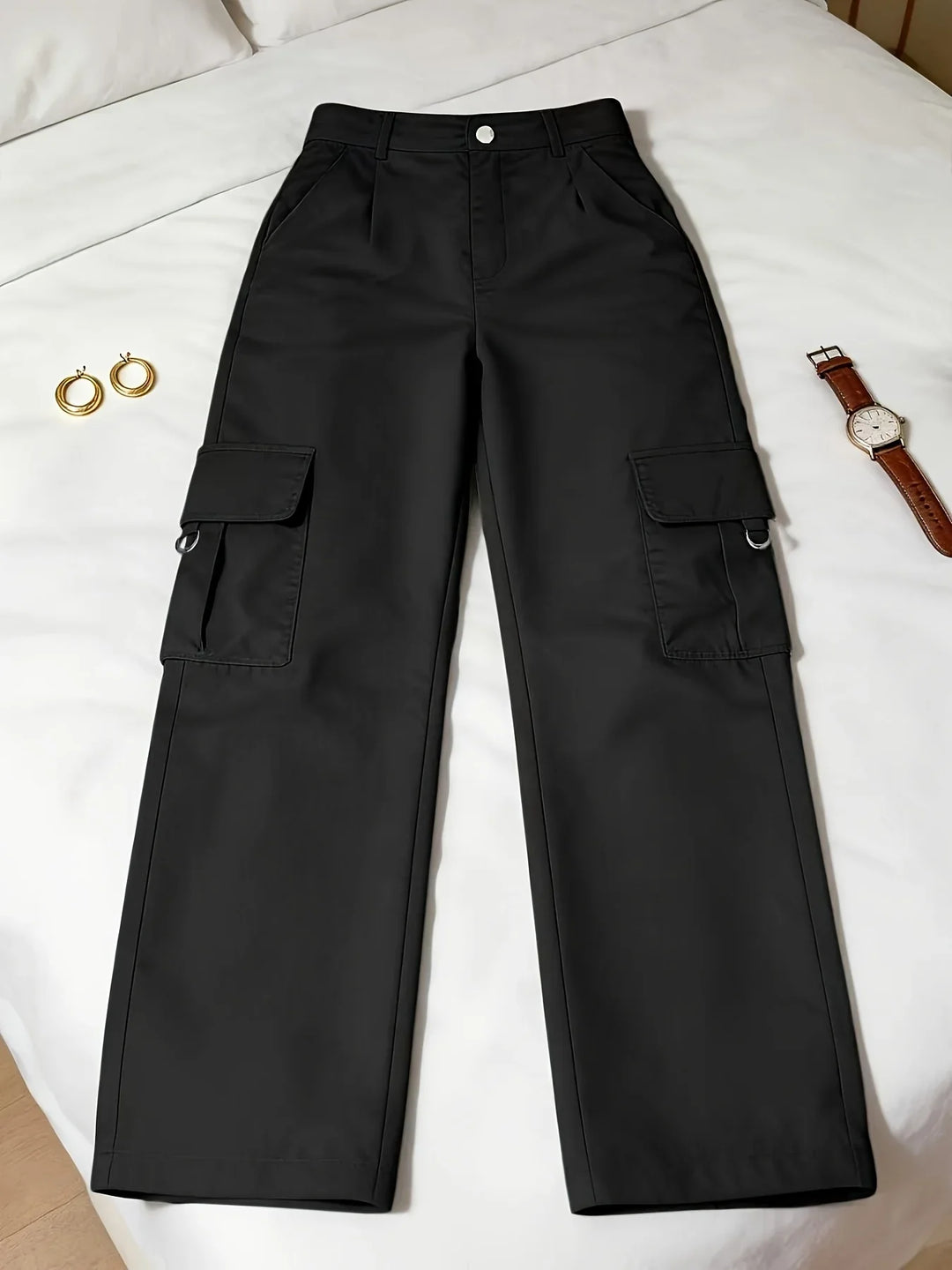 Damen-Cargohose mit hoher Taille, weitem Bein und elastischem Bund