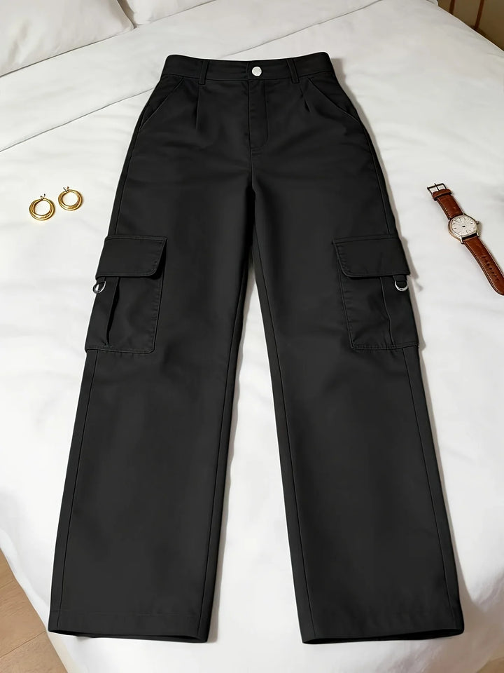 Damen-Cargohose mit hoher Taille, weitem Bein und elastischem Bund