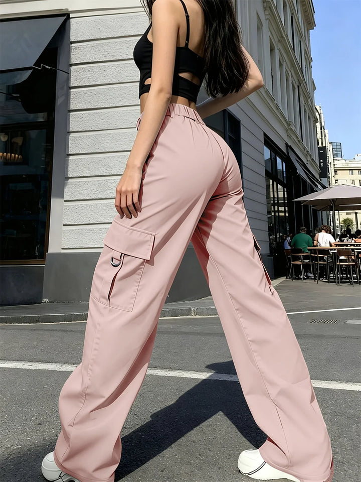 Damen-Cargohose mit hoher Taille, weitem Bein und elastischem Bund