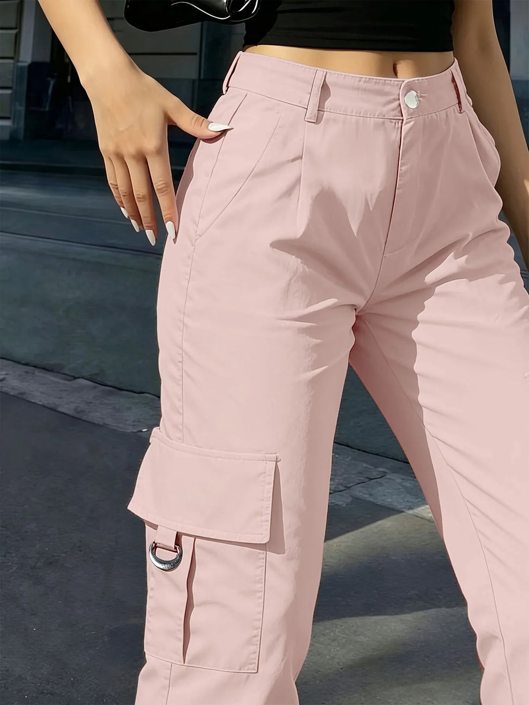 Damen-Cargohose mit hoher Taille, weitem Bein und elastischem Bund