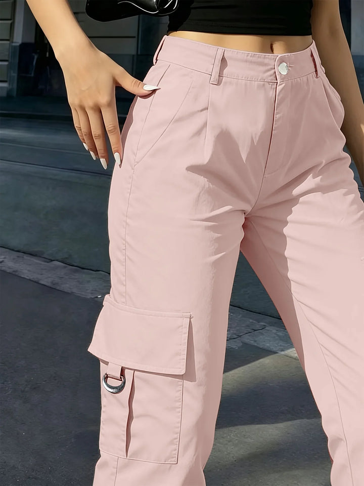Damen-Cargohose mit hoher Taille, weitem Bein und elastischem Bund