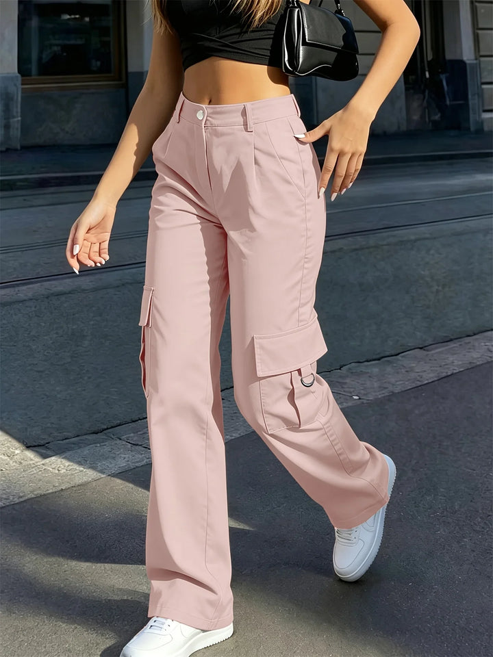Damen-Cargohose mit hoher Taille, weitem Bein und elastischem Bund