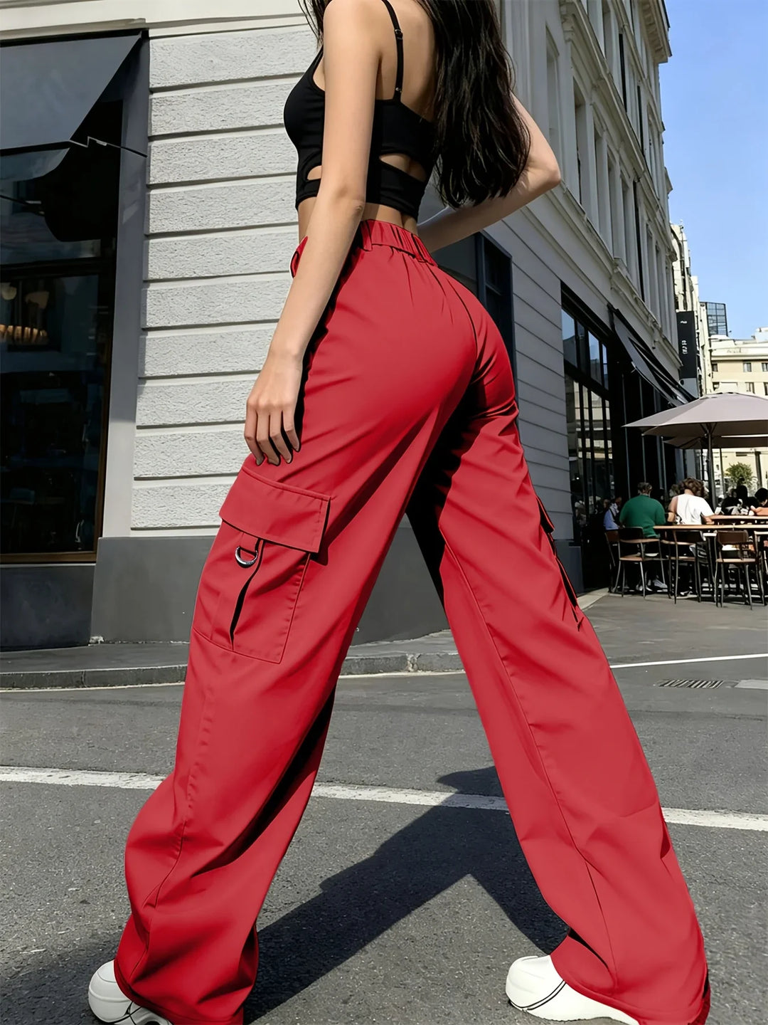 Damen-Cargohose mit hoher Taille, weitem Bein und elastischem Bund