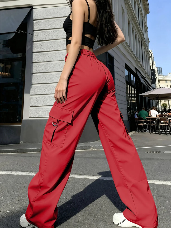 Damen-Cargohose mit hoher Taille, weitem Bein und elastischem Bund
