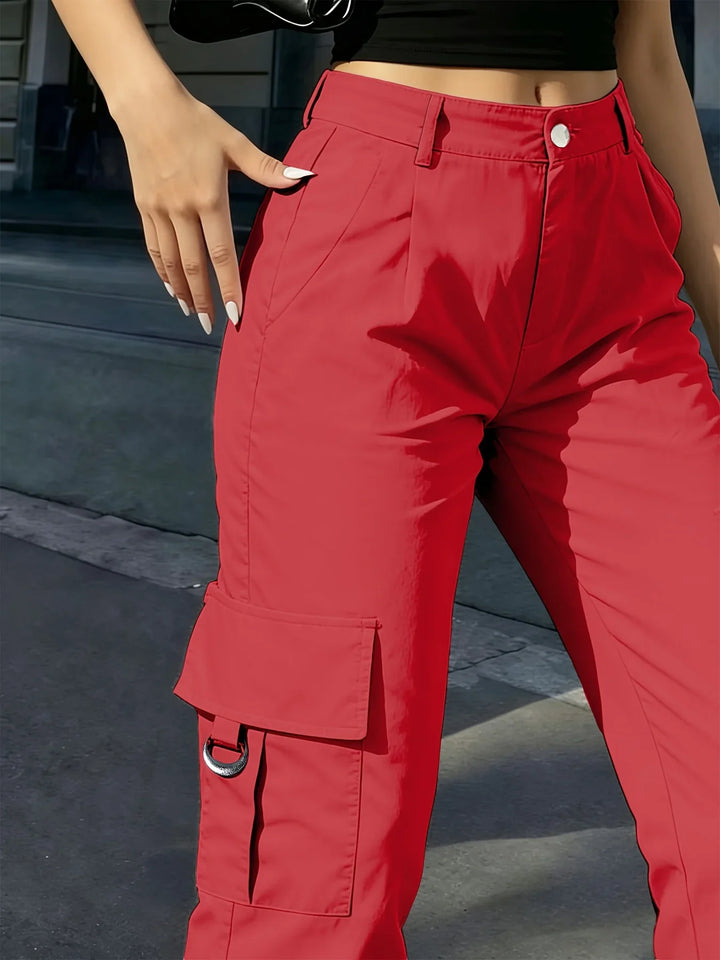Damen-Cargohose mit hoher Taille, weitem Bein und elastischem Bund