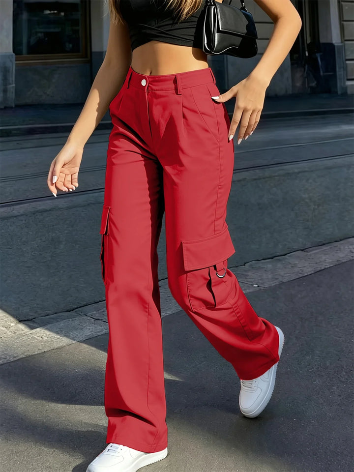 Damen-Cargohose mit hoher Taille, weitem Bein und elastischem Bund