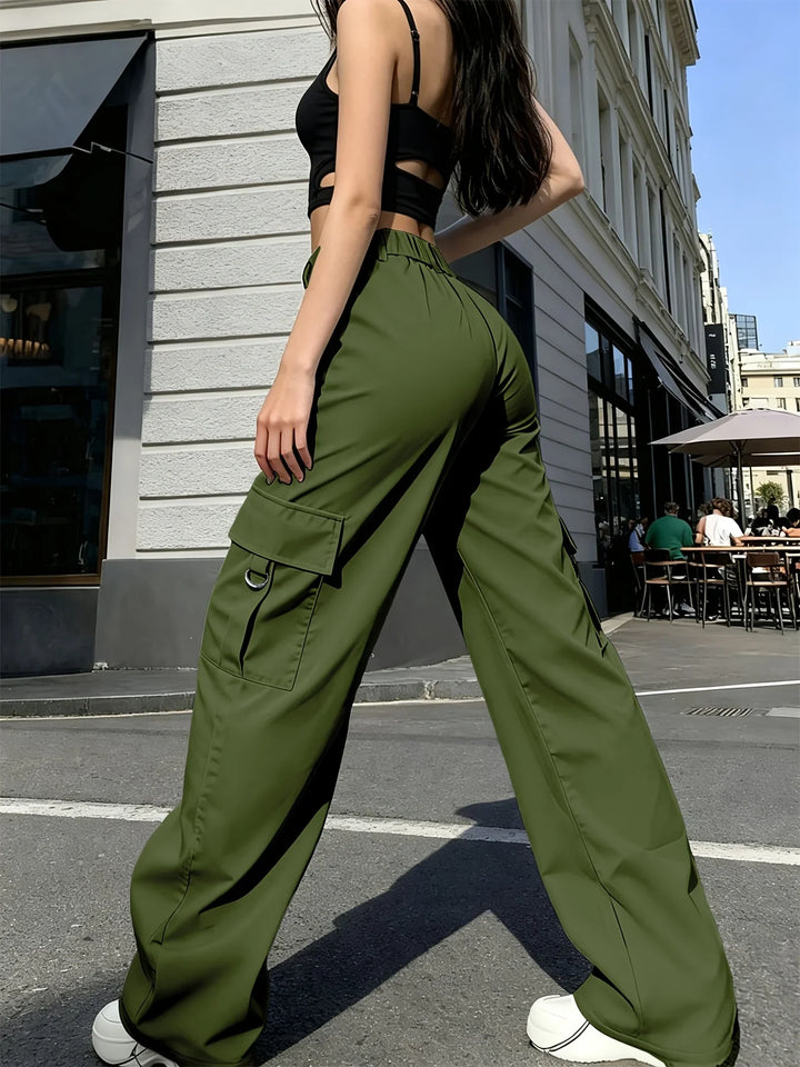 Damen-Cargohose mit hoher Taille, weitem Bein und elastischem Bund