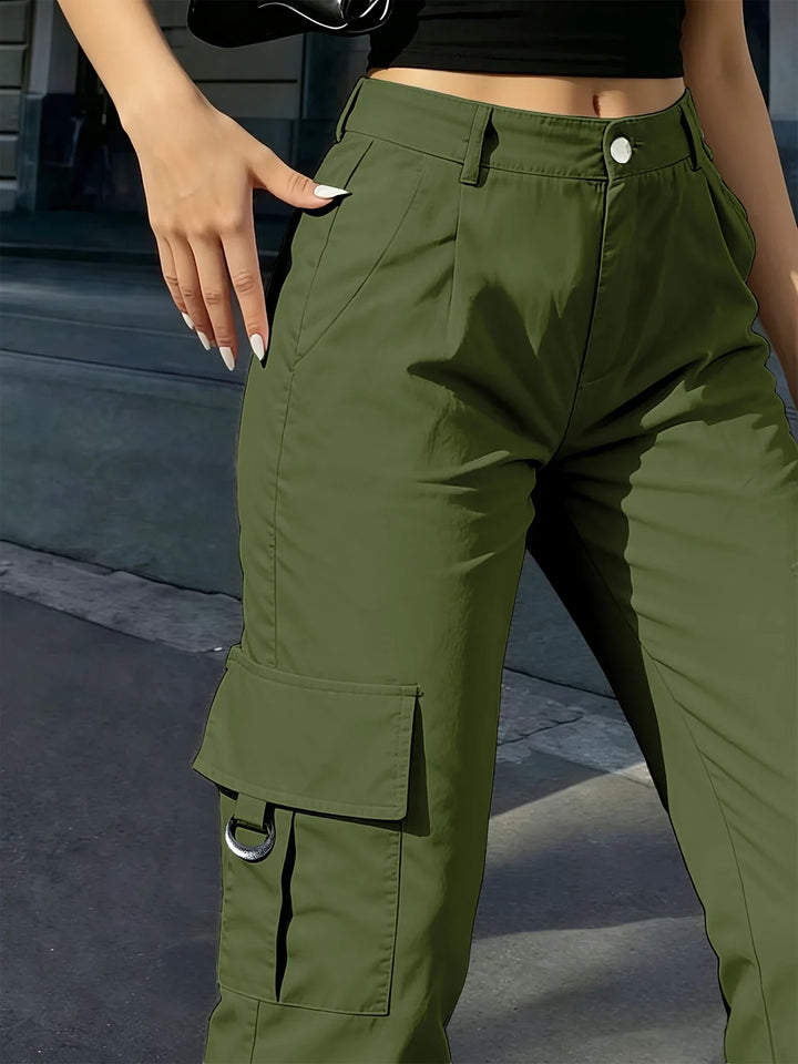 Damen-Cargohose mit hoher Taille, weitem Bein und elastischem Bund