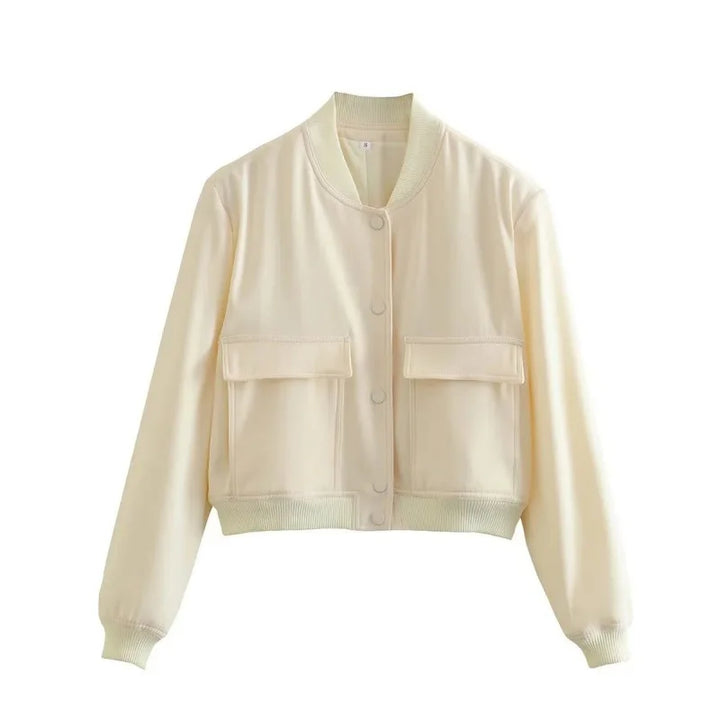 Giacca bomber corta in pelle da donna con tasche con bottoni automatici