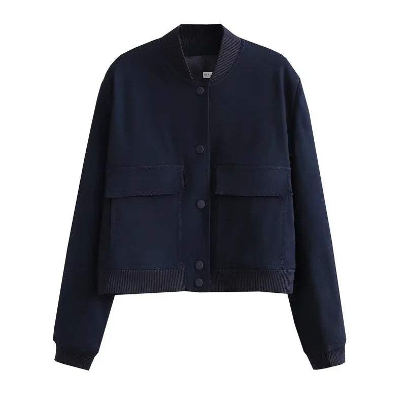 Giacca bomber corta in pelle da donna con tasche con bottoni automatici