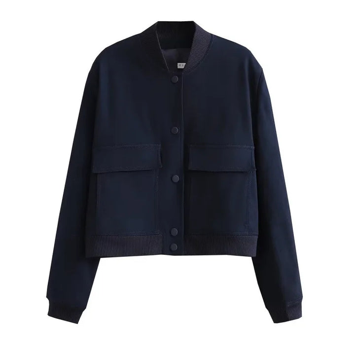 Giacca bomber corta in pelle da donna con tasche con bottoni automatici