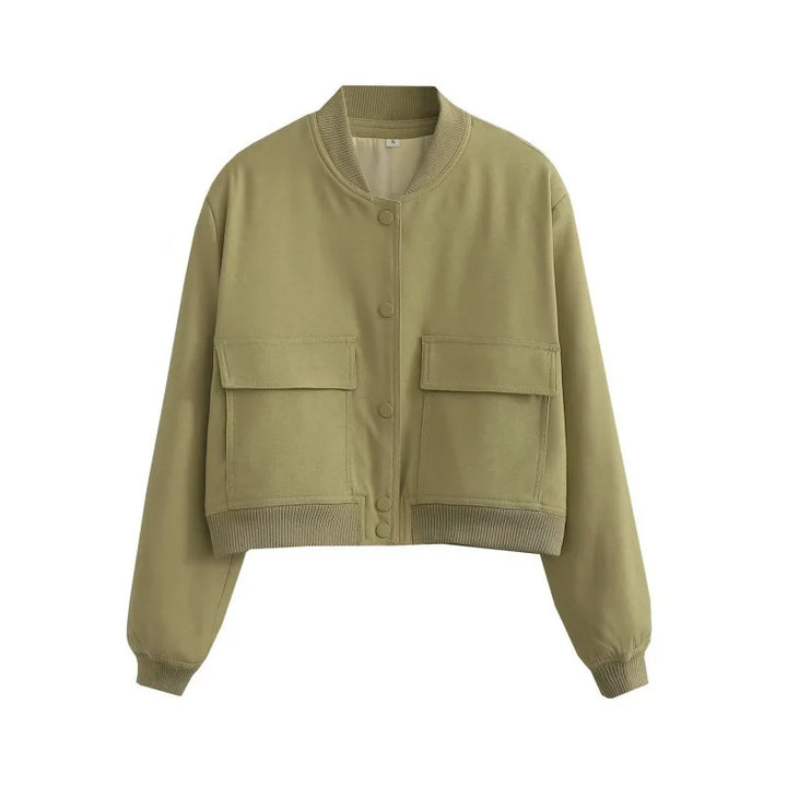 Giacca bomber corta in pelle da donna con tasche con bottoni automatici