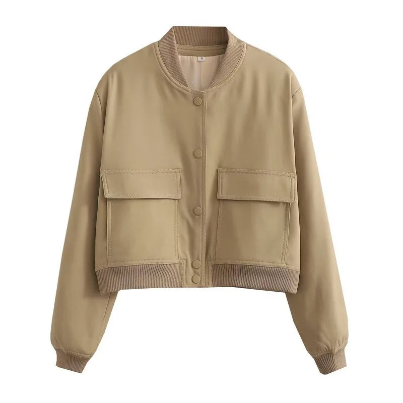 Giacca bomber corta in pelle da donna con tasche con bottoni automatici