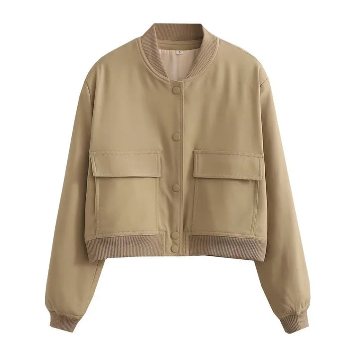Giacca bomber corta in pelle da donna con tasche con bottoni automatici