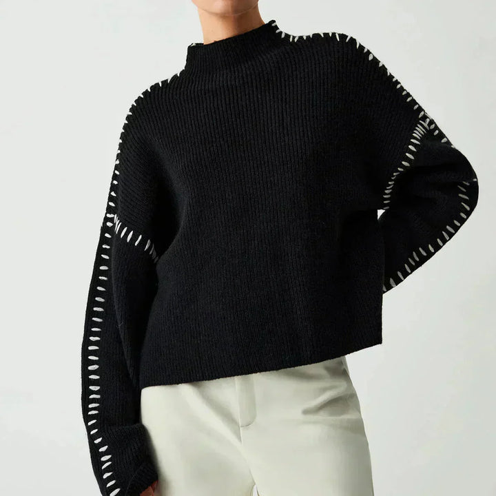 Women's Oversized Mock Neck Sweater with Whipstitch Detail