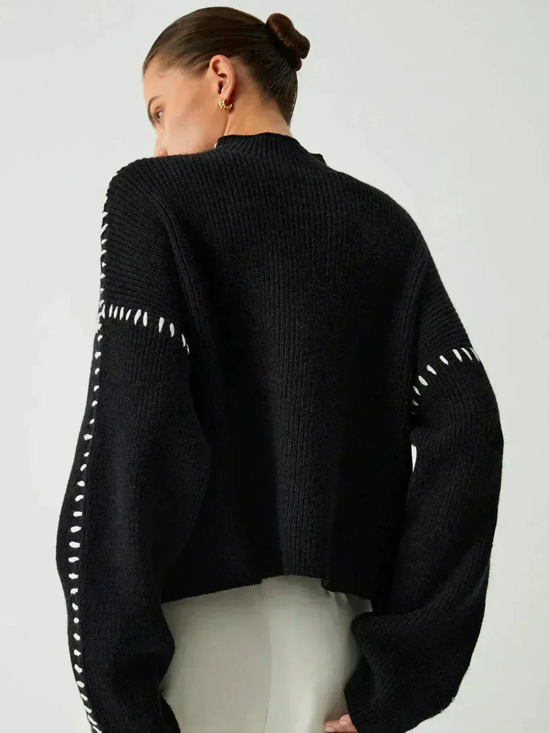 Women's Oversized Mock Neck Sweater with Whipstitch Detail