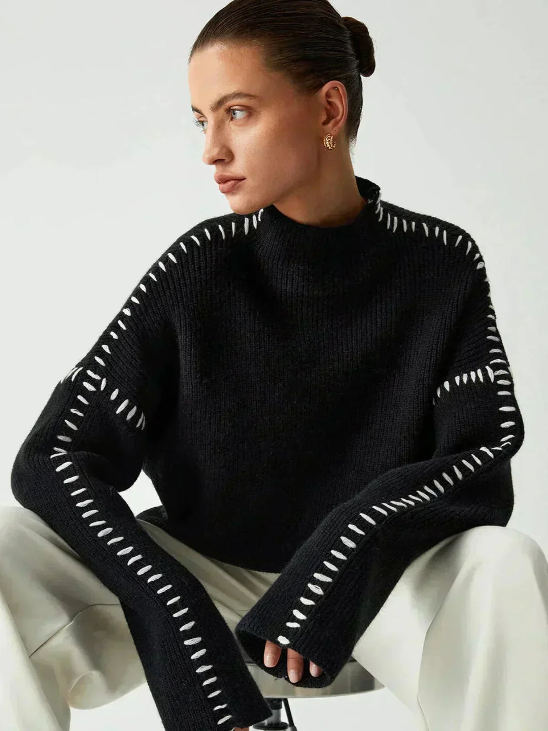 Women's Oversized Mock Neck Sweater with Whipstitch Detail