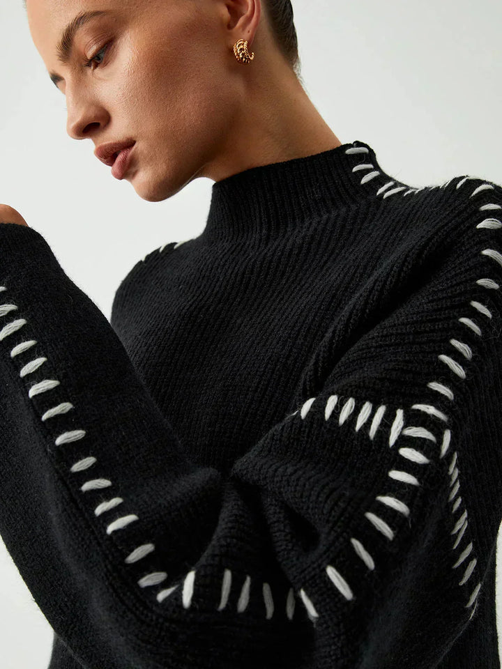 Women's Oversized Mock Neck Sweater with Whipstitch Detail