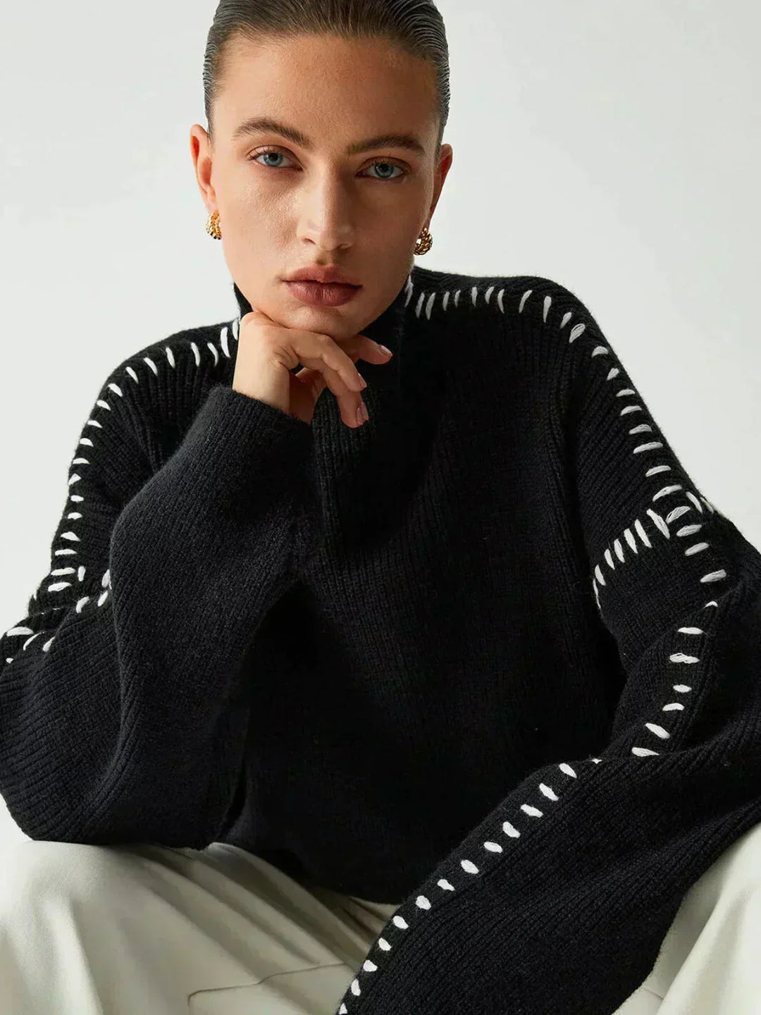Women's Oversized Mock Neck Sweater with Whipstitch Detail