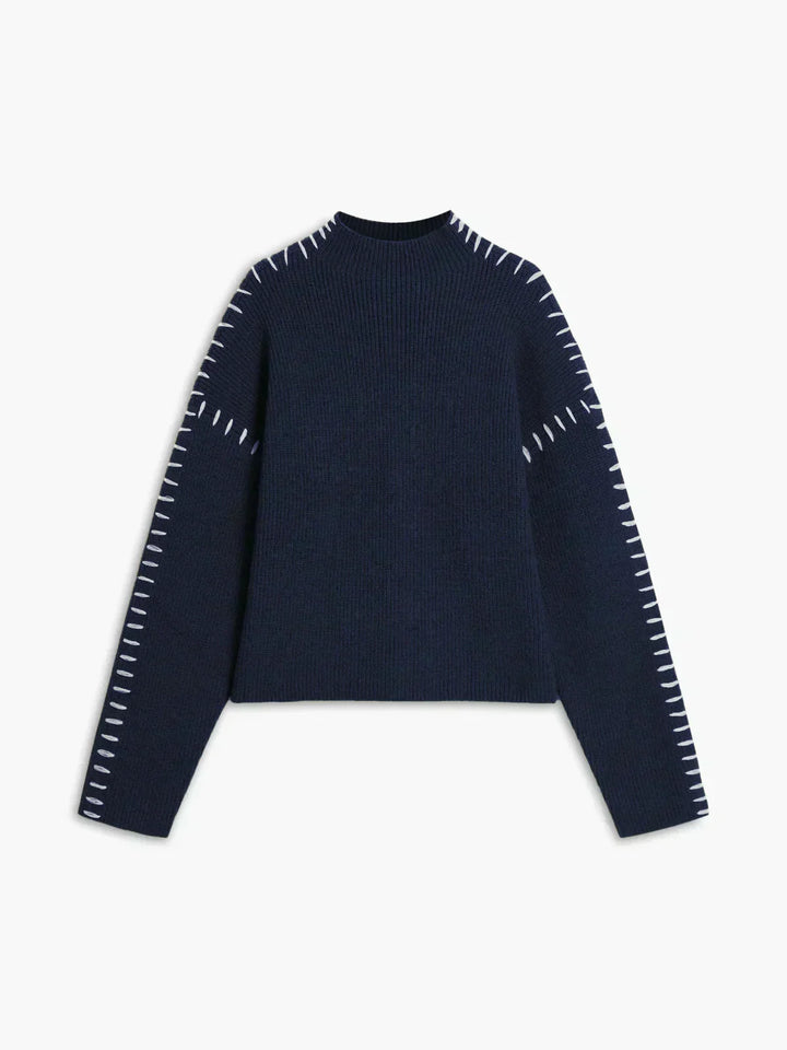 Women's Oversized Mock Neck Sweater with Whipstitch Detail